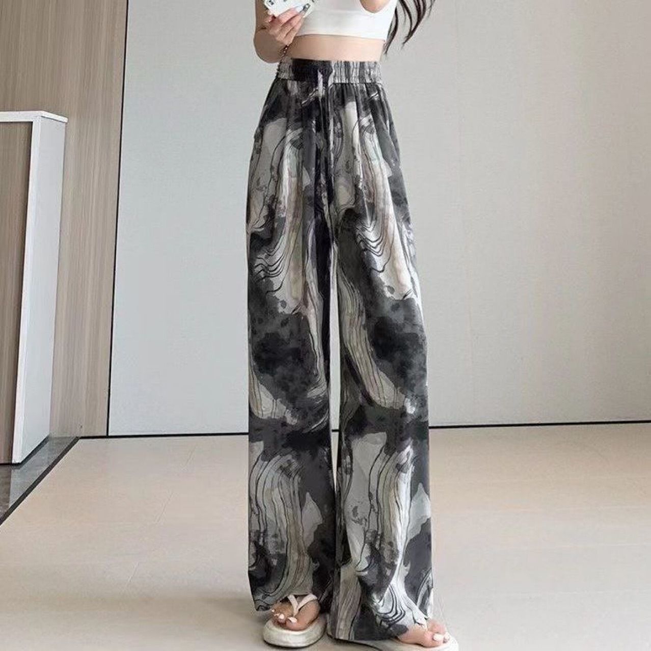 Women’s Tie-Dye Ink-Print Loose Pants – Elastic High Waist, Casual Wide-Leg