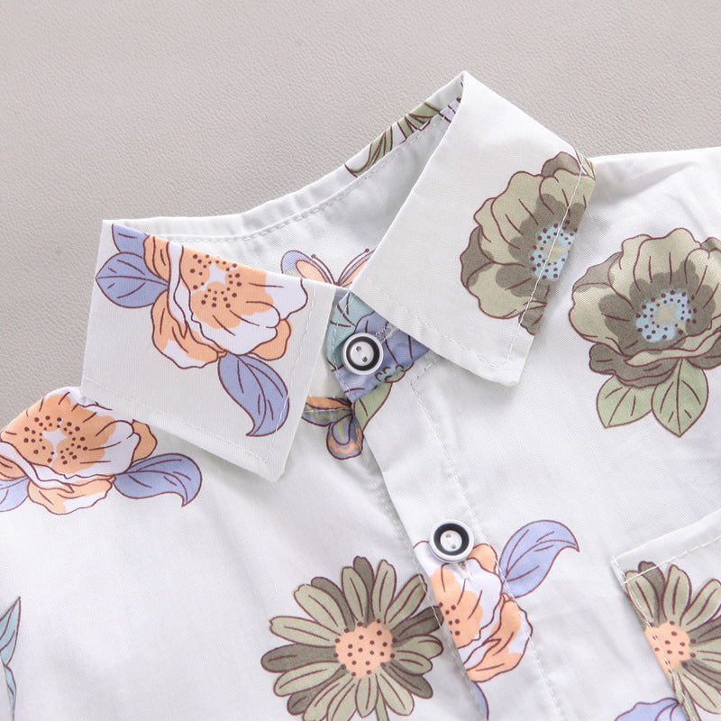 Summer Korean Style Flower Lapel Shirt Two-piece Set
