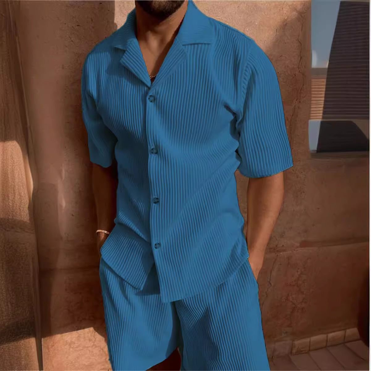 Corduroy Casual Polo Collar Sports Men's Solid Color T-shirt Shorts Set