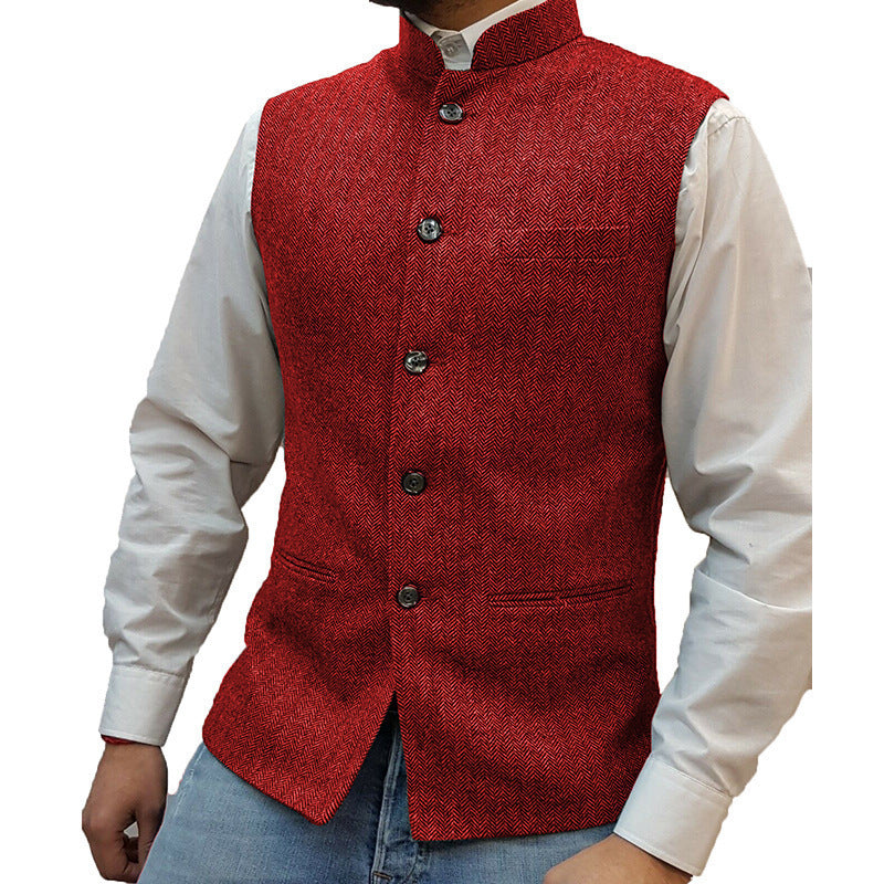 Men's Herringbone Polyester Zhongshan Collar Vest Pattern