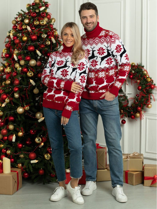 Men’s & Women’s Couple Wear Christmas Elk Jacquard Turtleneck Sweater – Cozy Pullover