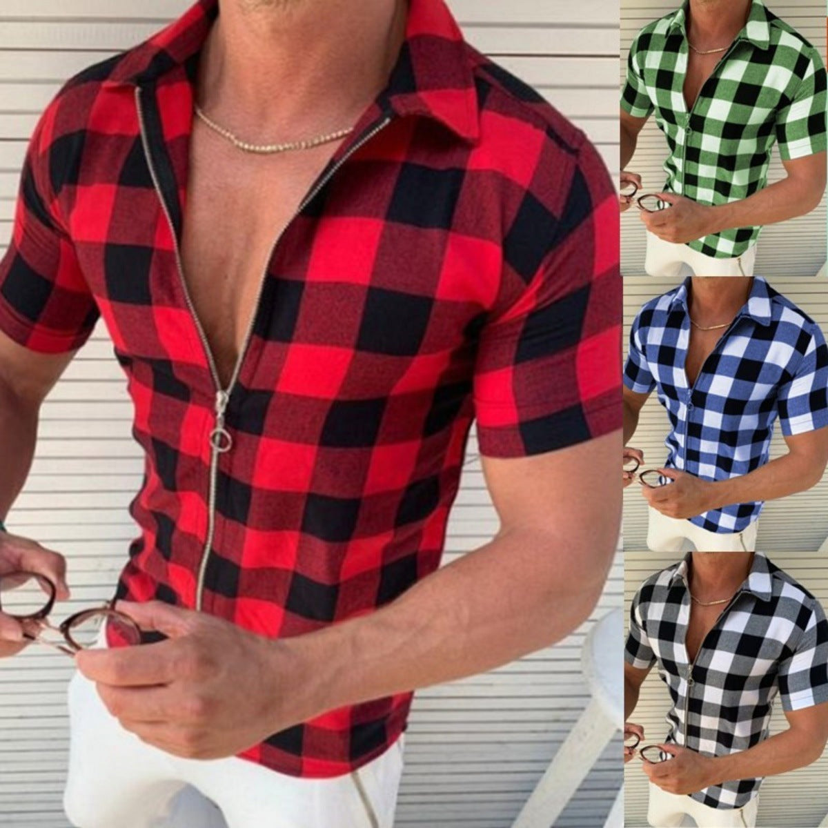 Mens Plaid Short Sleeve Shirt Regular Fit Acetate Lapel