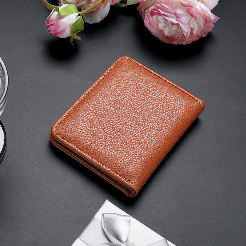 Unisex Lychee Pattern PU Leather Compact Short Wallet Slim
