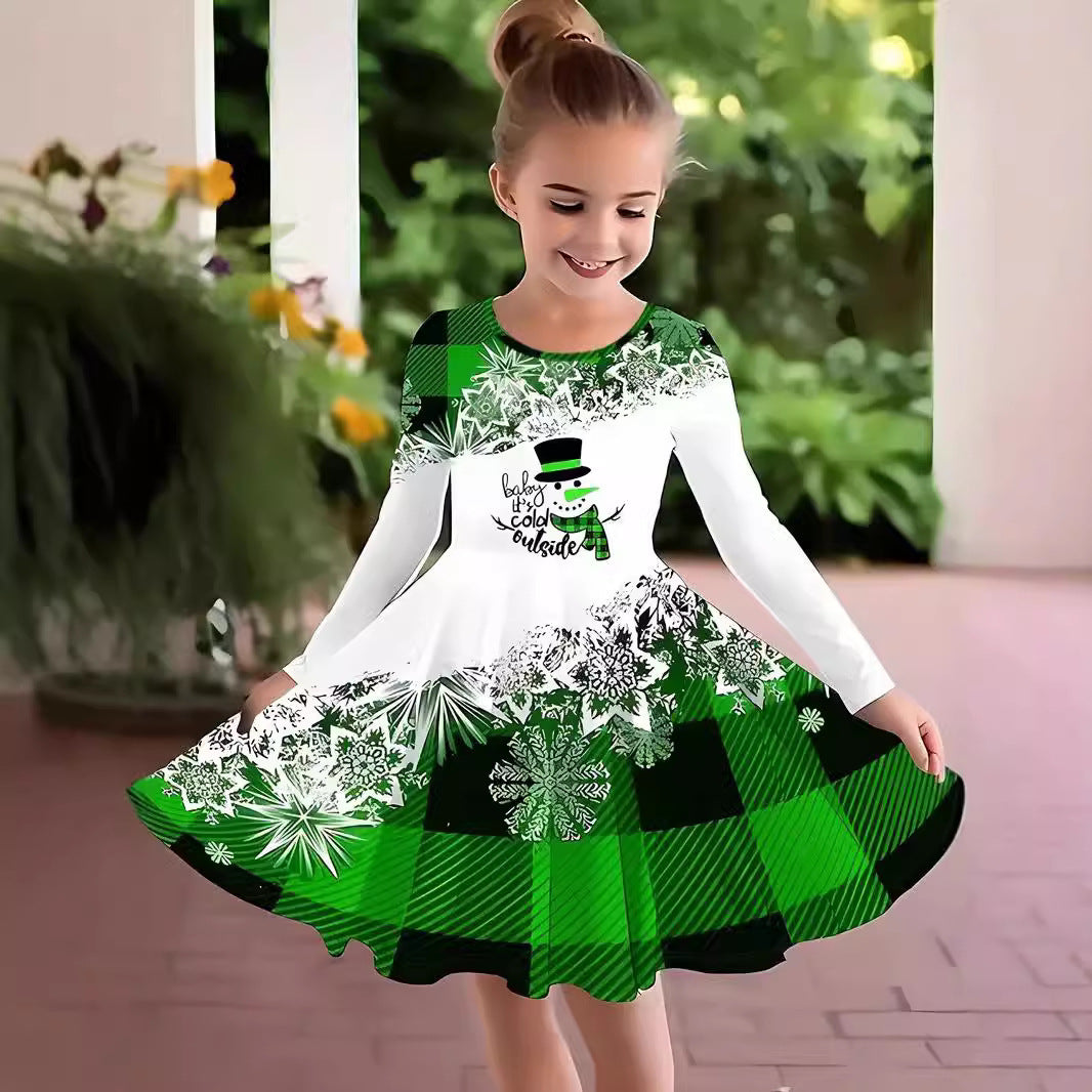 Girl's Long-sleeved Dress Christmas Deer