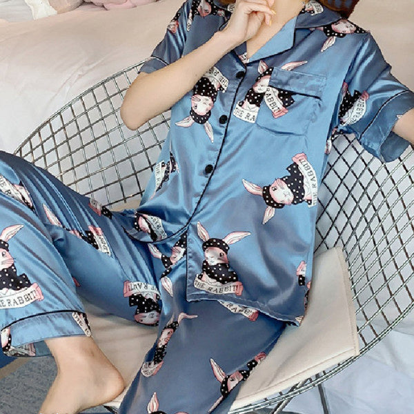 Silk Polyester Blend Short Sleeve Lounge Set Men's Cartoon
