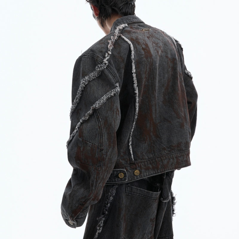 Raw Edge Splash-dyeing Distressed Padded Shoulder Denim Coat
