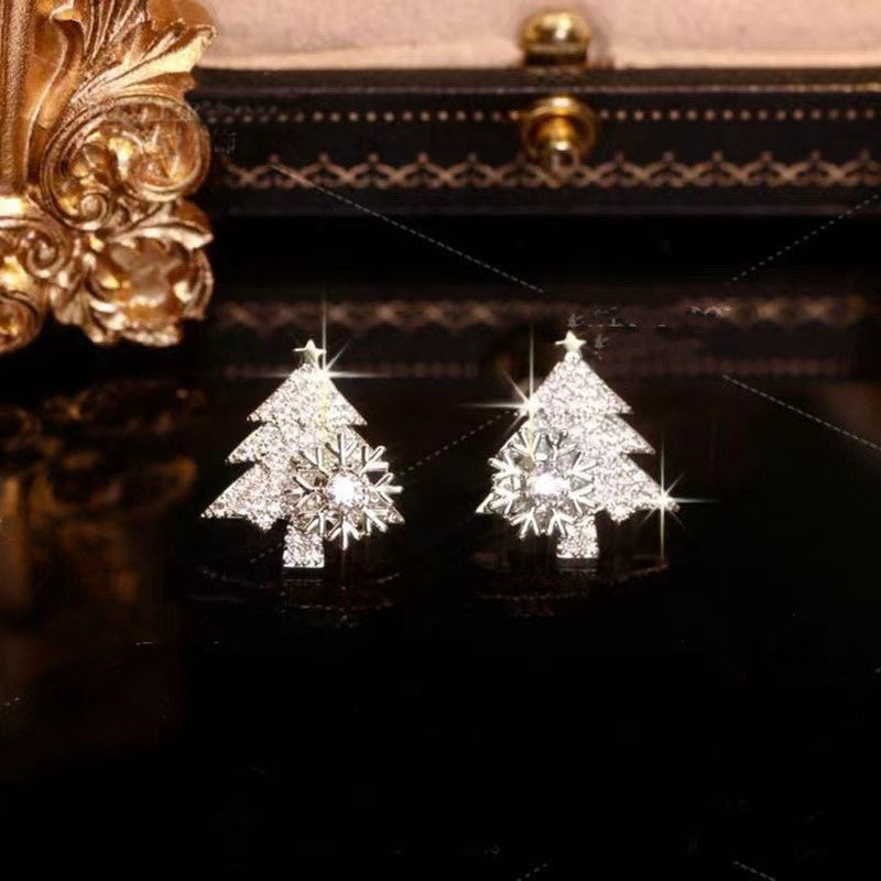 Rotatable Christmas Tree Earrings with Rhinestone Snowflake Studs Holiday Festival Jewelry Gifts for Women