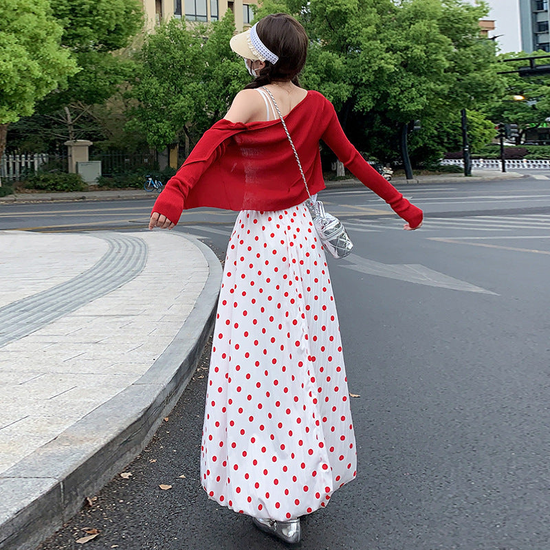 Red Polka Dot Retro Skirt – Women’s High Waist Polyester Vintage Style Skirt