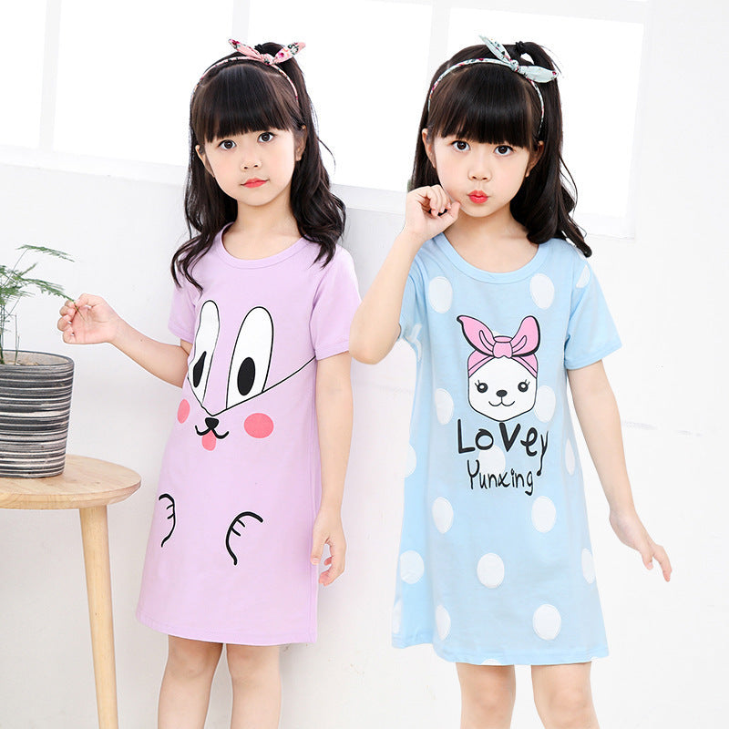 Girls' Summer Short-sleeved Dress Fashionable Printed Pajamas