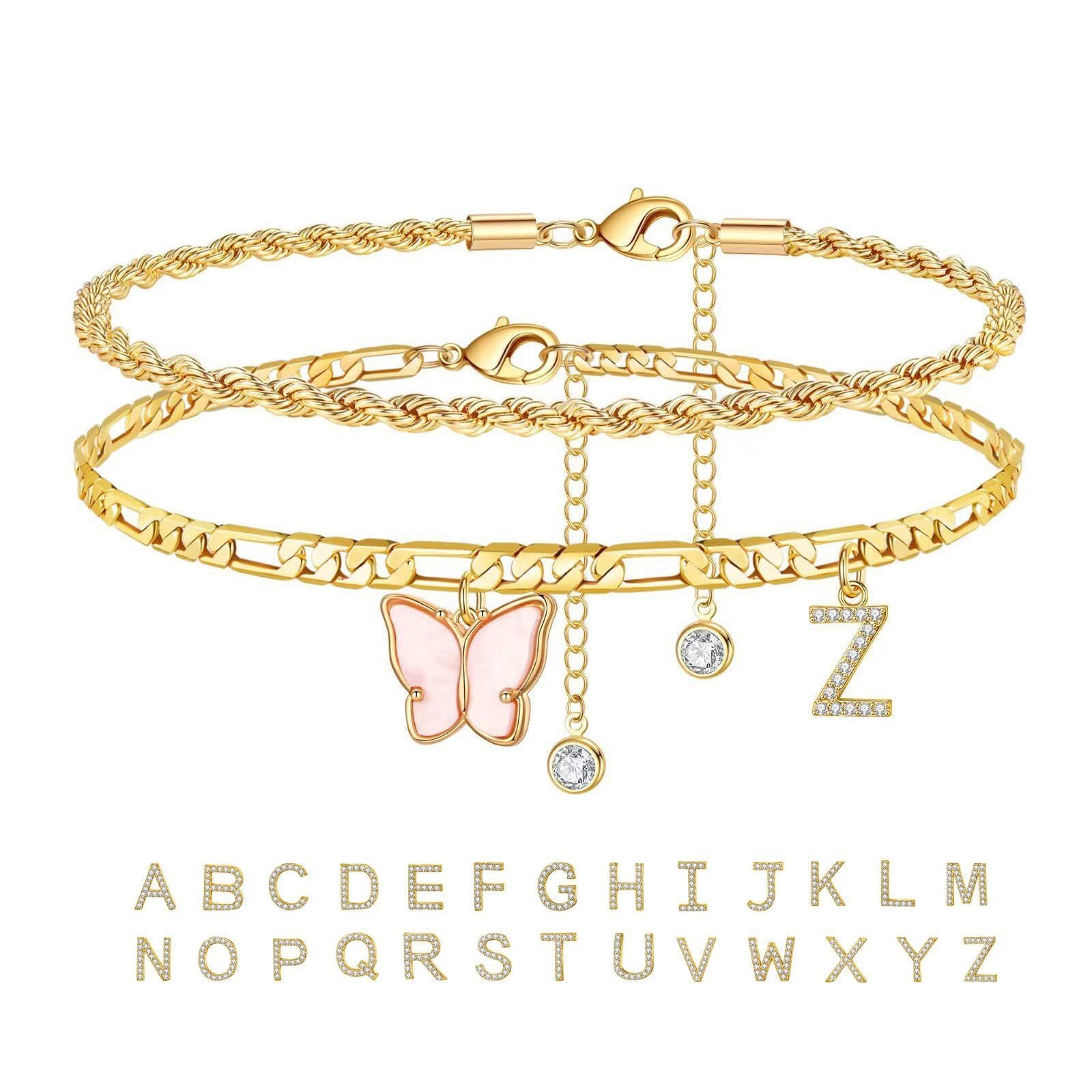 Women’s Double-Layer Stainless Steel Butterfly Letter Stack Anklets