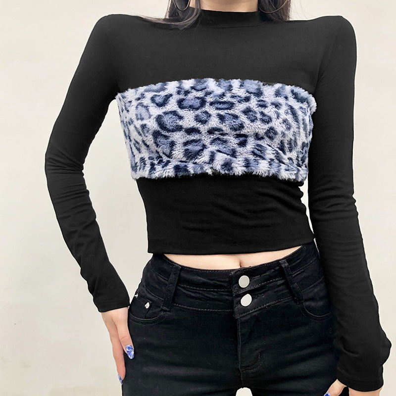 Round Neck Hair Leopard Print Mosaic Slim Slim Long Sleeve T-shirt Blouse Women