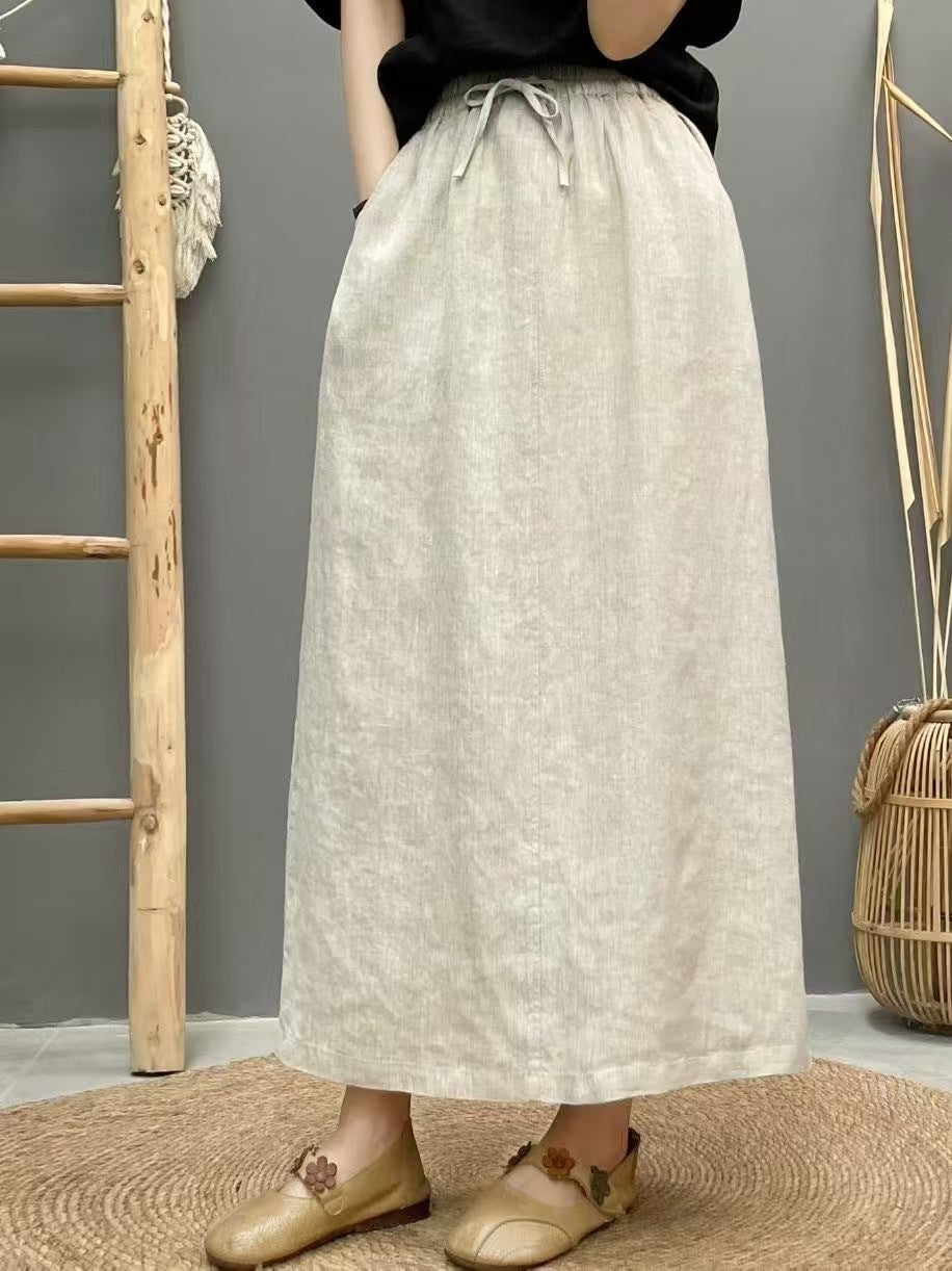 Women’s Linen Long Skirt – Solid Color Elastic Waist Maxi Skirt