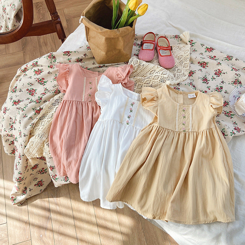 Children's Clothing Lace Flower Embroidery Girl's Dress Sweet Cotton Girl Short Sleeve Skirt