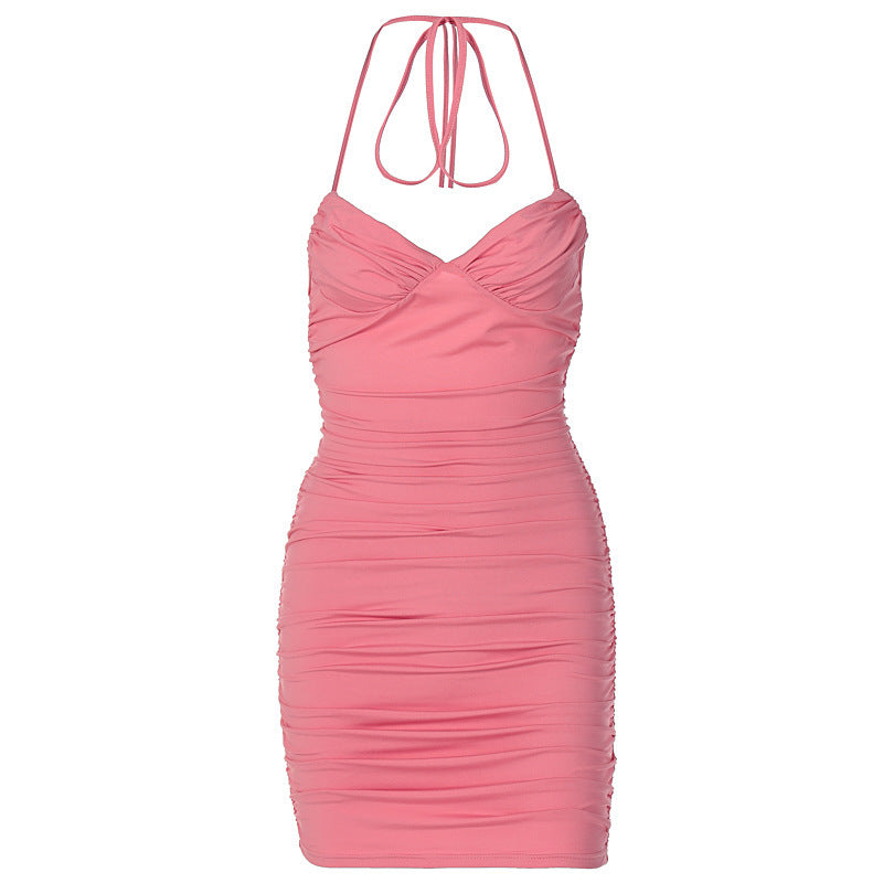 Womens Casual V Neck Pleated Lace Up Dress Polyester