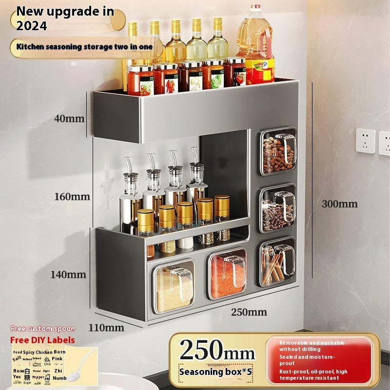 Wall-Mounted Kitchen Storage Rack – Seasoning Box & Bottle Organizer Set