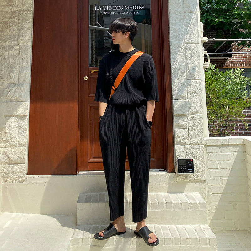 Ice Silk Pleated Suit Korean Style Trendy Sports Set