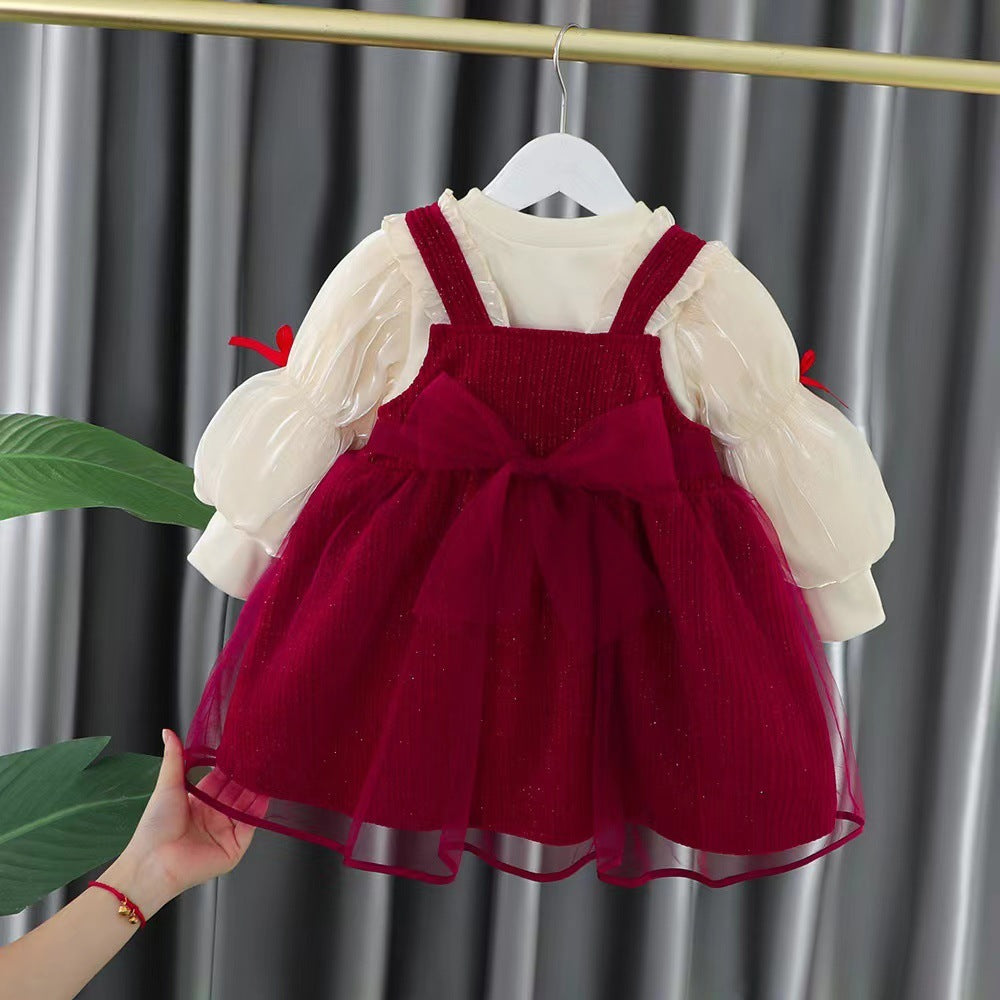 Girls' Bubble Sleeve Suspender Skirt Two-piece Suit Sending Blessing Bags