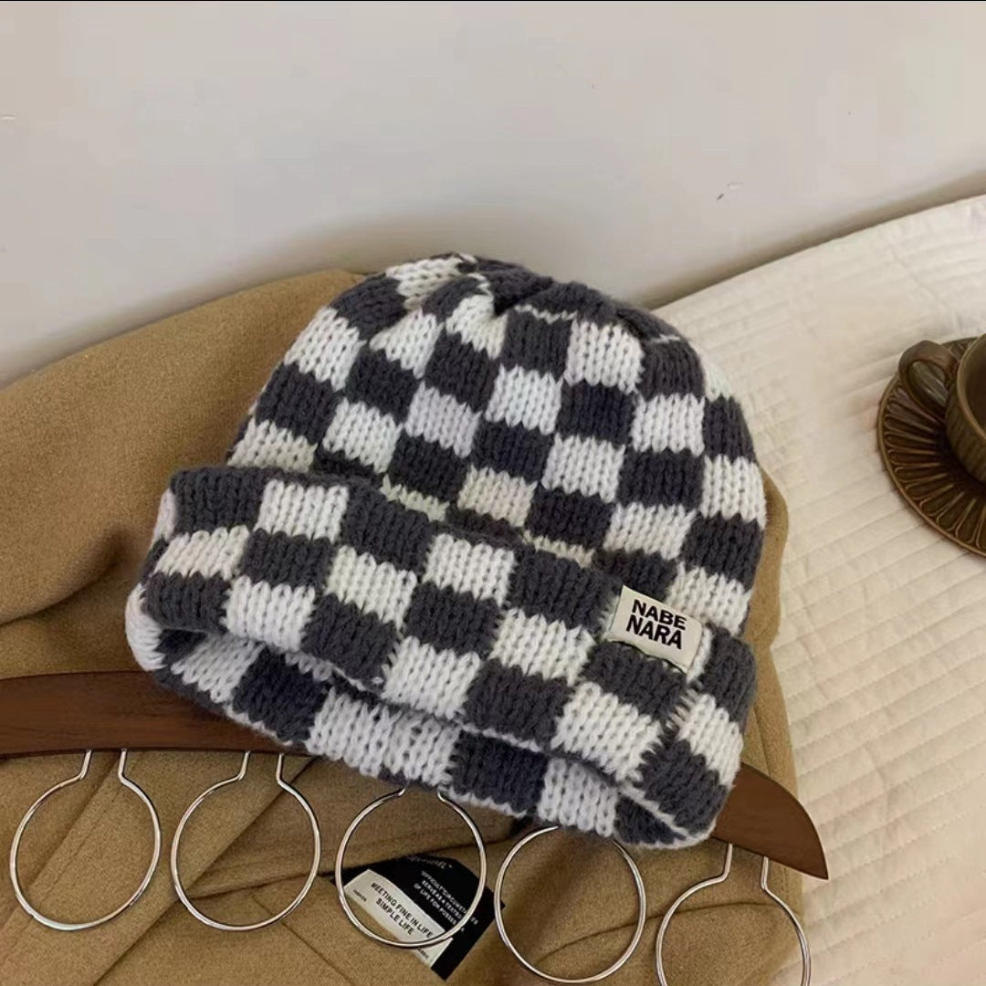 Chessboard Plaid Knitted Hat for Women – Autumn & Winter Korean Style Beanie