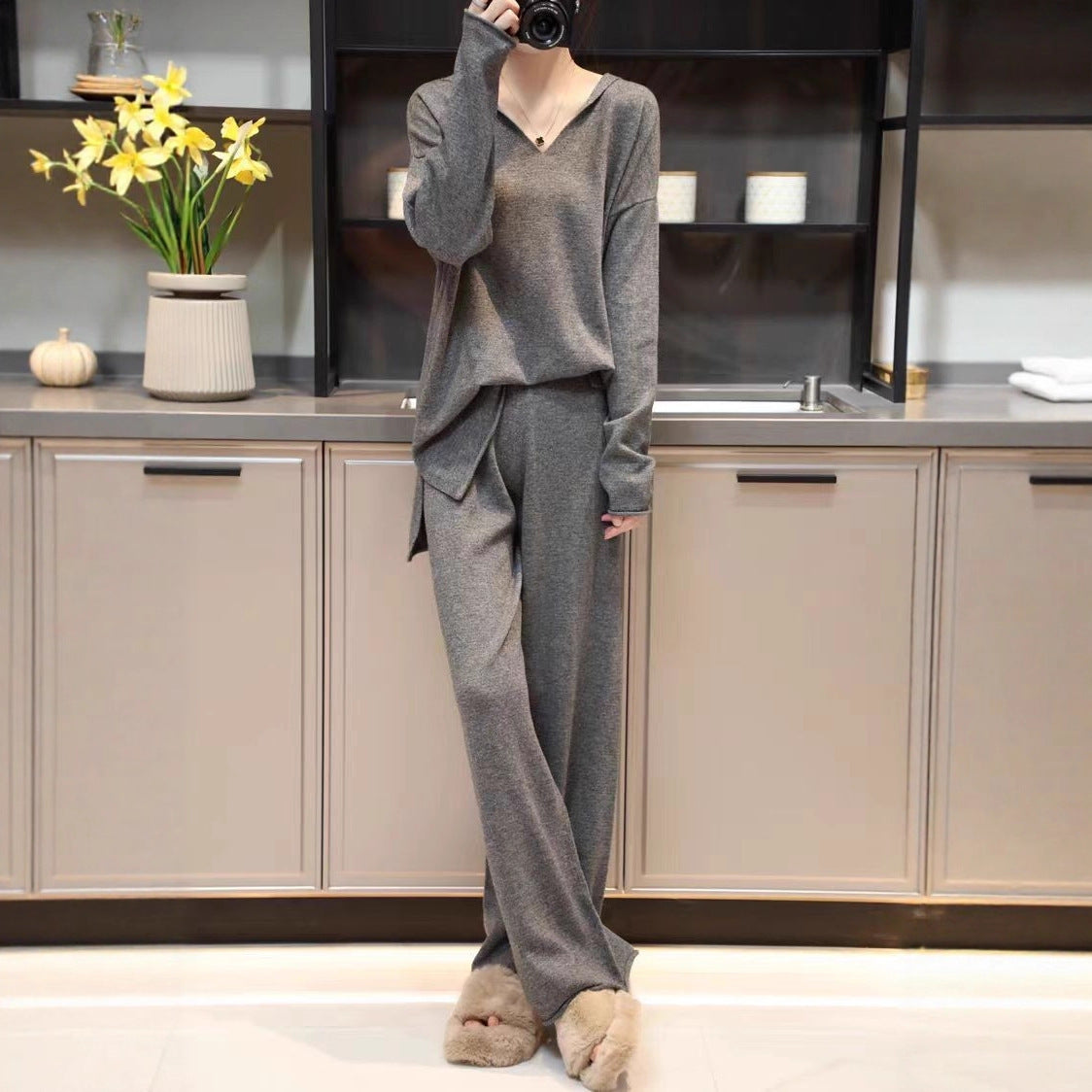 Unisex Korean Cashmere Hooded Top Spliced Wide Leg Pants