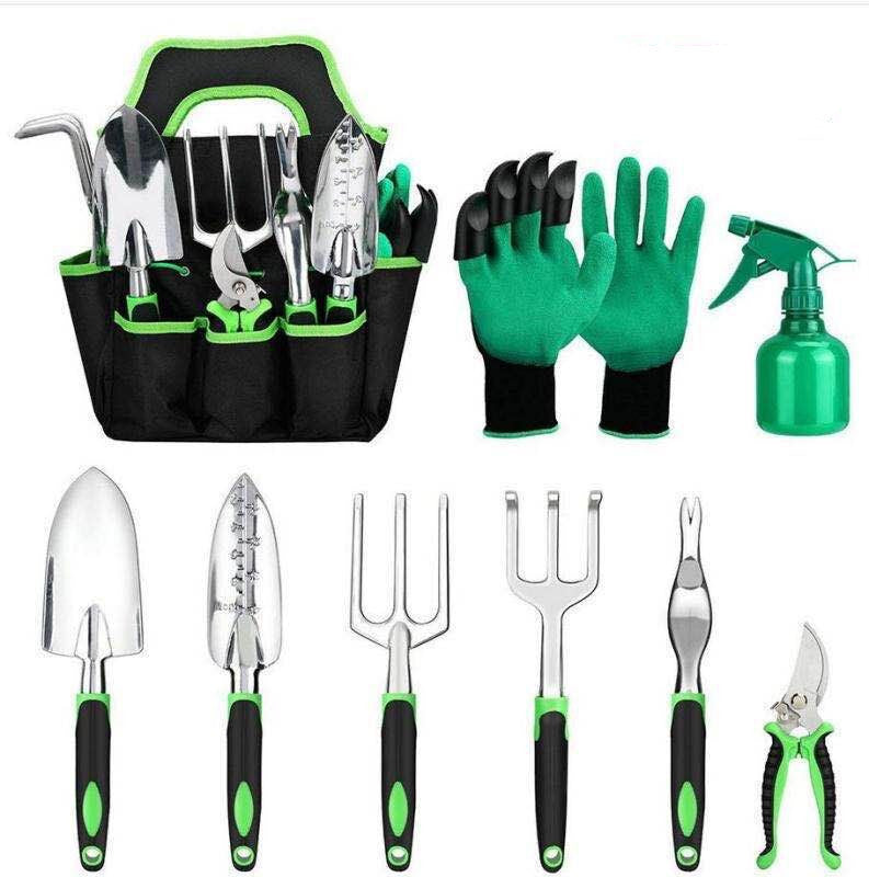 9-Piece Green Aluminum Alloy Gardening Tool Set with Silicone Two-Color Handles