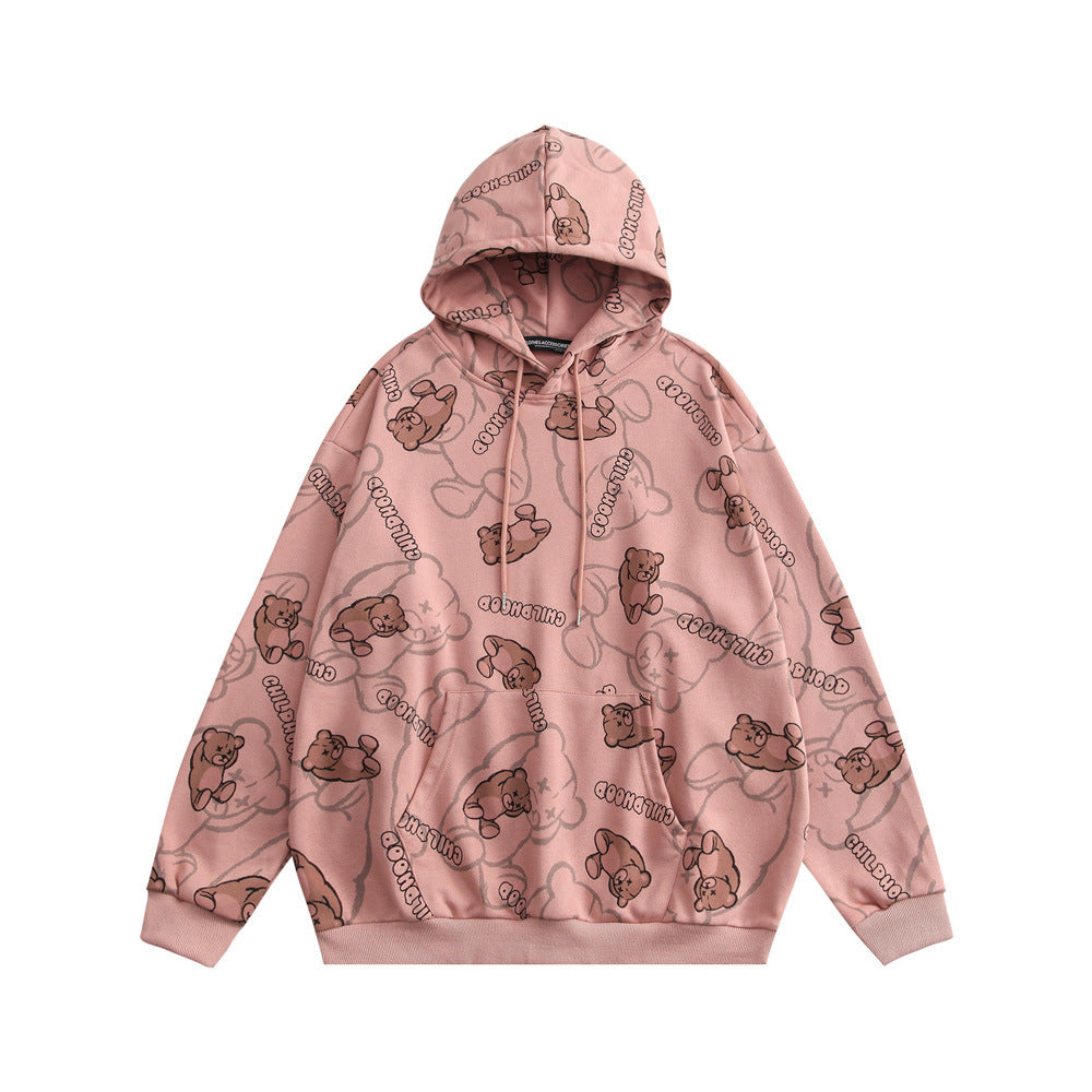 Cartoon Bear Full Print Hooded Sweater Men Lazy Trend Pullover Street Loose