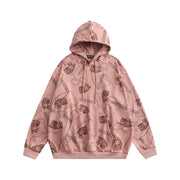 Cartoon Bear Full Print Hooded Sweater Men Lazy Trend Pullover Street Loose
