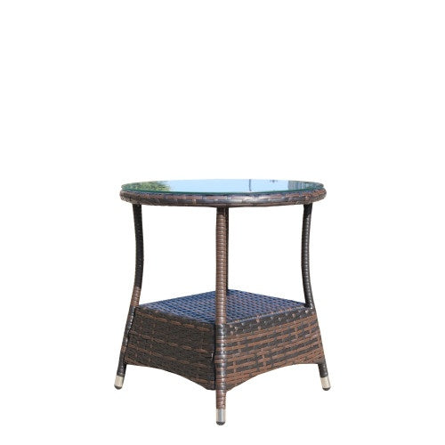 Brown Rattan Outdoor Patio Round Coffee Table with Clear Tempered Glass Top
