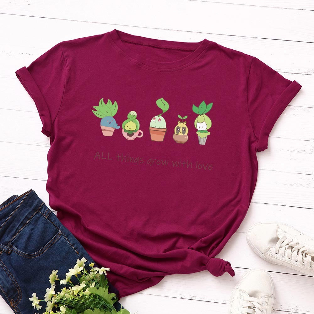 Loose Round Neck Short Sleeved Cotton T-shirt Women