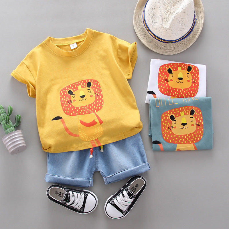 Boy Cartoon Lion Print Round Neck Short Sleeve T-Shirt Set