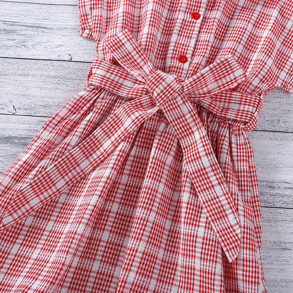 Girls Plaid Western Princess Dress Cotton Red Regular Fit