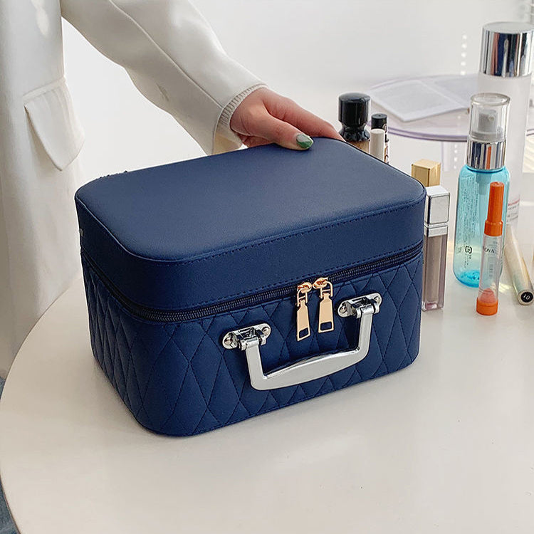 Cosmetic Bag with Mirror – Rhombus Embroidery Double-Layer Storage Caseesign Fashion Rhombus-Embroidery Double-layer Suitcase Large Capacity Make-up Storage Bags For Women
