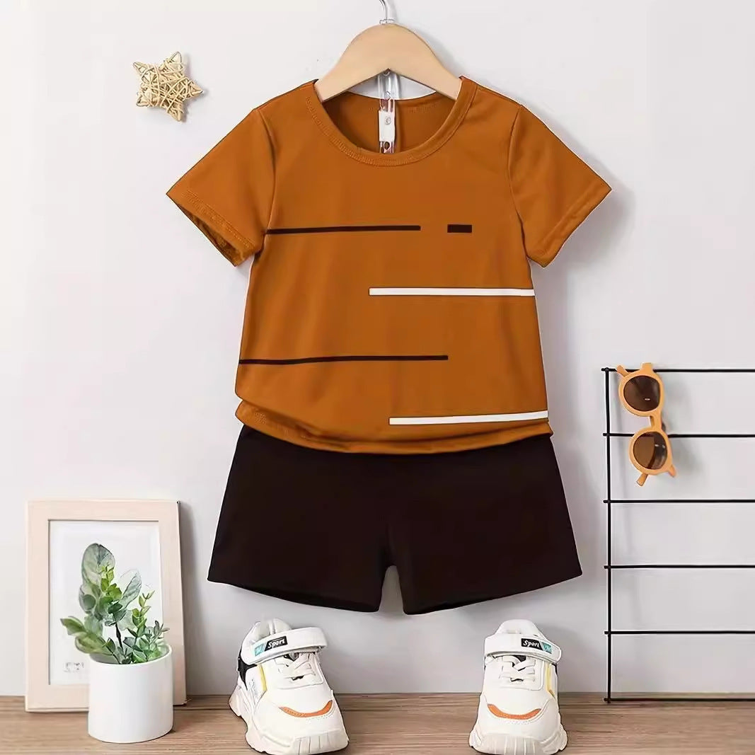 New Short-sleeved T-shirt Shorts Loose Color Matching Lines Two-piece Suit