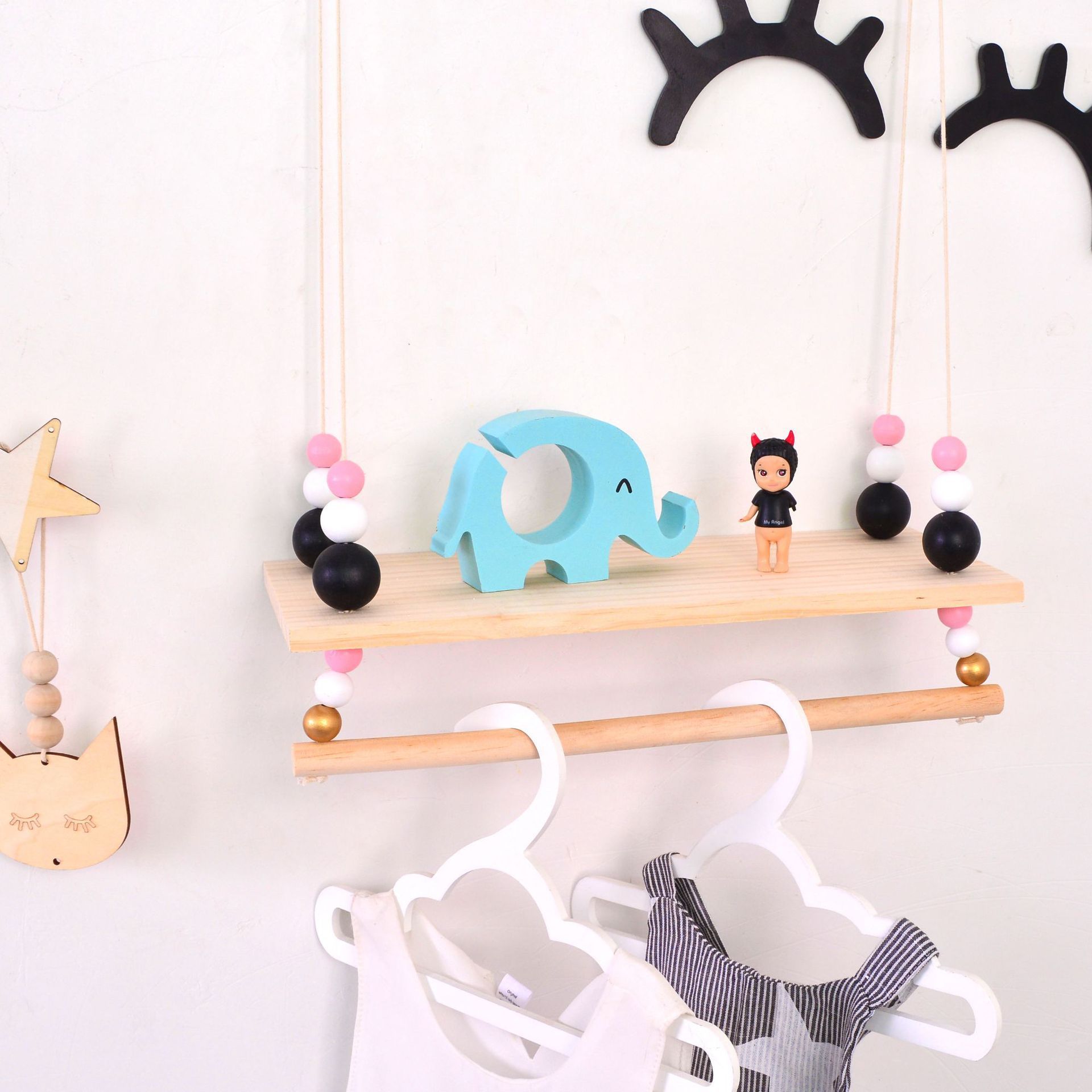 Solid Wood Storage Rack Children's Decorative Coat Rack Home Wall Hanging Storage Rack