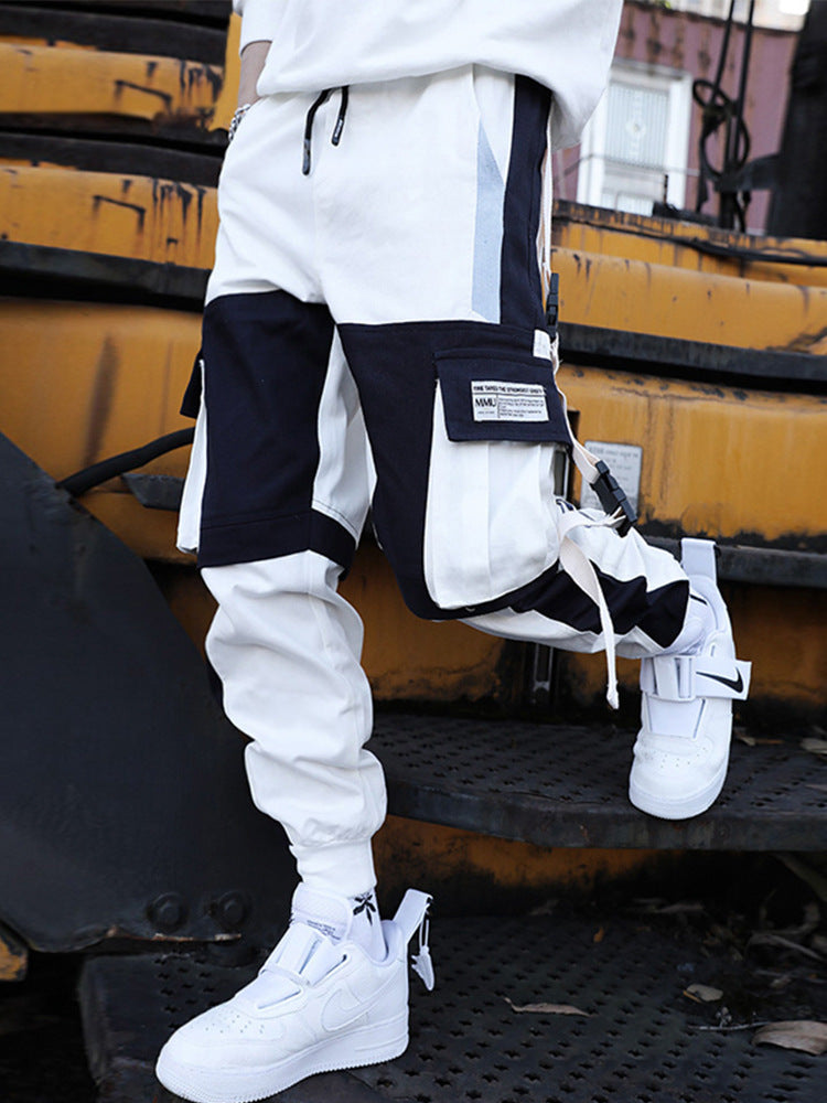 Men’s Hip-Hop Contrast Stitch Drawstring Cargo Pants – Streetwear Style