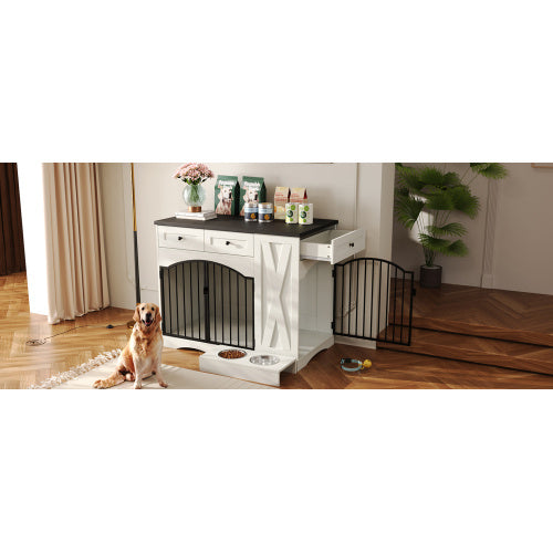 GO 43.3 Farmhouse Dog Crate Furniture, Heavy Duty Dog Crate With 3 Drawers, Indoor Wooden Dog Kennel With Removable Feeder, Dog Cage End Table For Medium Large Dogs, White