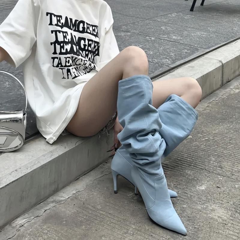 Pointed Toe Women's Stiletto Denim High Heel Below The Knee Boots