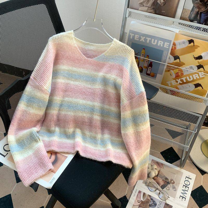 Dopamine Color Stripes Collar Sweater Women