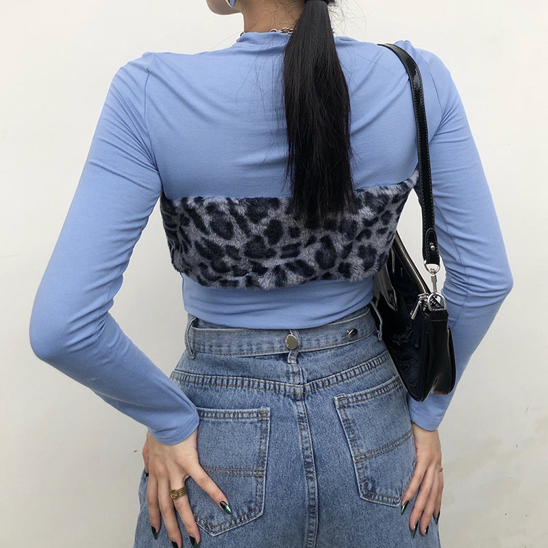 Round Neck Hair Leopard Print Mosaic Slim Slim Long Sleeve T-shirt Blouse Women