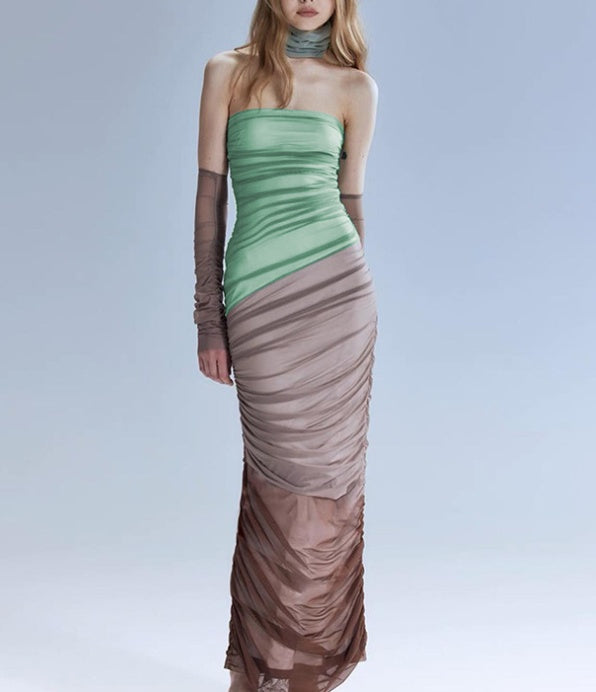 Women's Halter Dress Color Block Mesh Milk Silk Slim Fit