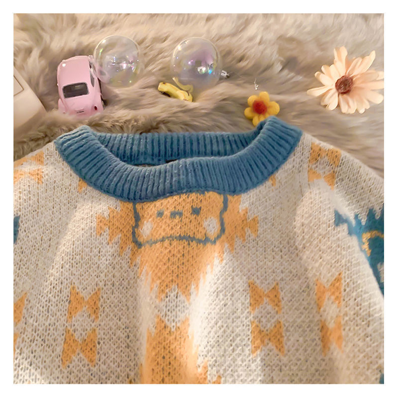 Bear Knitted Crew Neck Pullover Lazy Sweater Women
