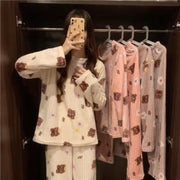 Bear Print Coral Velvet Pajamas Suit