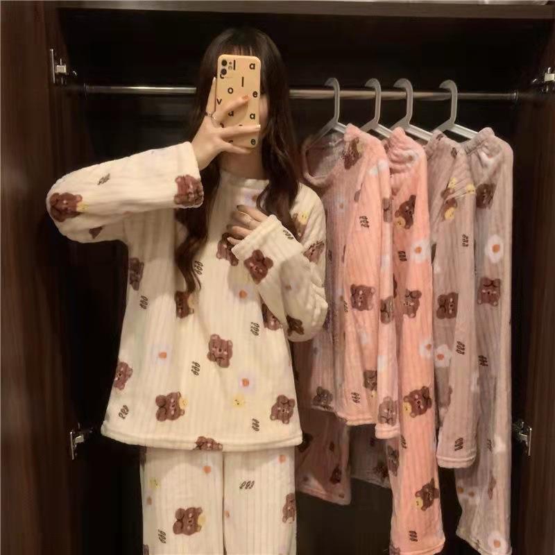 Bear Print Coral Velvet Pajamas Suit