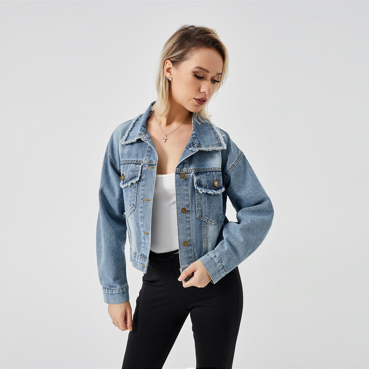 Women's Denim Jacket Long Sleeve Blue Fashion Essential Top