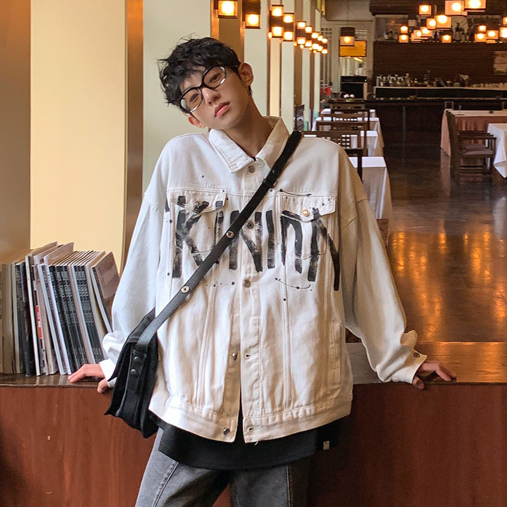 Graffiti Letter Printing Handsome High Street Denim Jacket For Young Men Baggy Coat