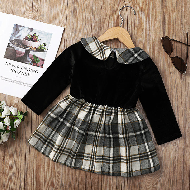 Cute Solid Color Black Long-sleeved Plaid Short Skirt Baby Dress