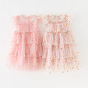 Girls Sleeveless Organza Dress Regular Fit Pink Dots