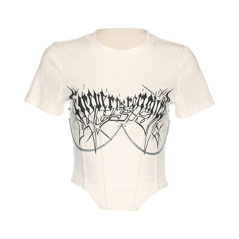 Metal Chain Print Belted Crop T-Shirt