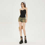 Mud Yellow Stretch Denim Shorts for Women – Soft, High-Stretch, Raw Hem