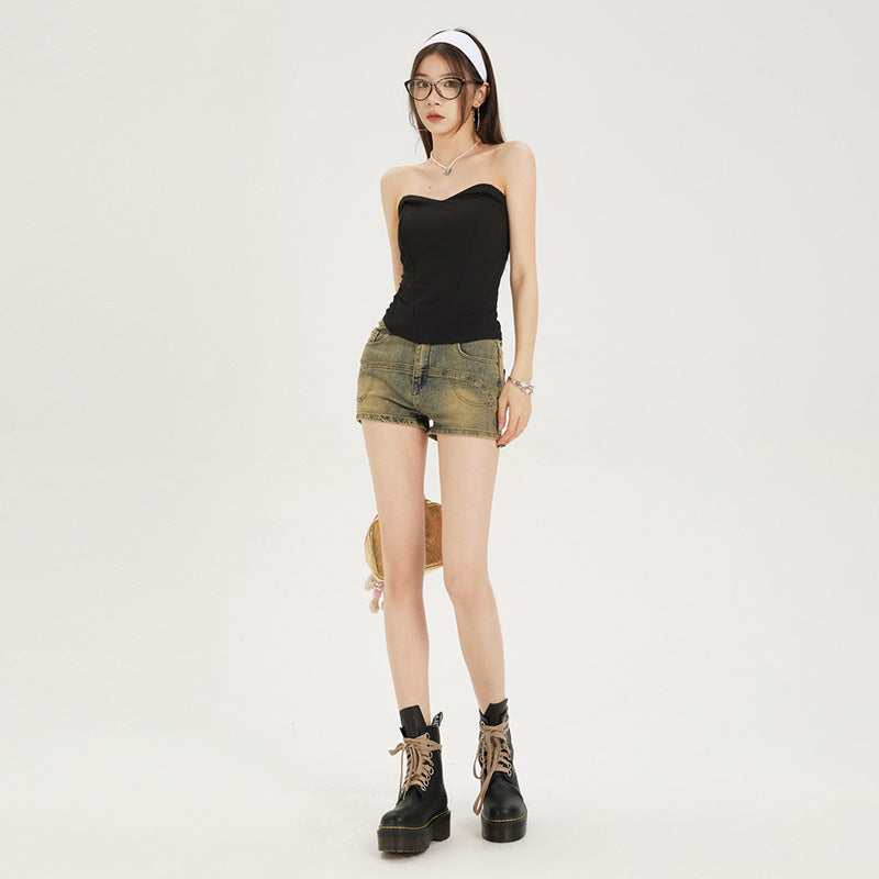 Mud Yellow Stretch Denim Shorts for Women – Soft, High-Stretch, Raw Hem