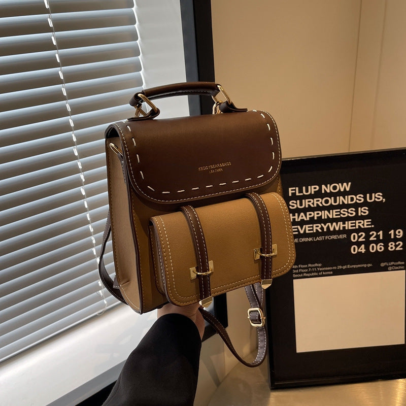 Womens Retro PU Backpack With Contrast Stitching Details
